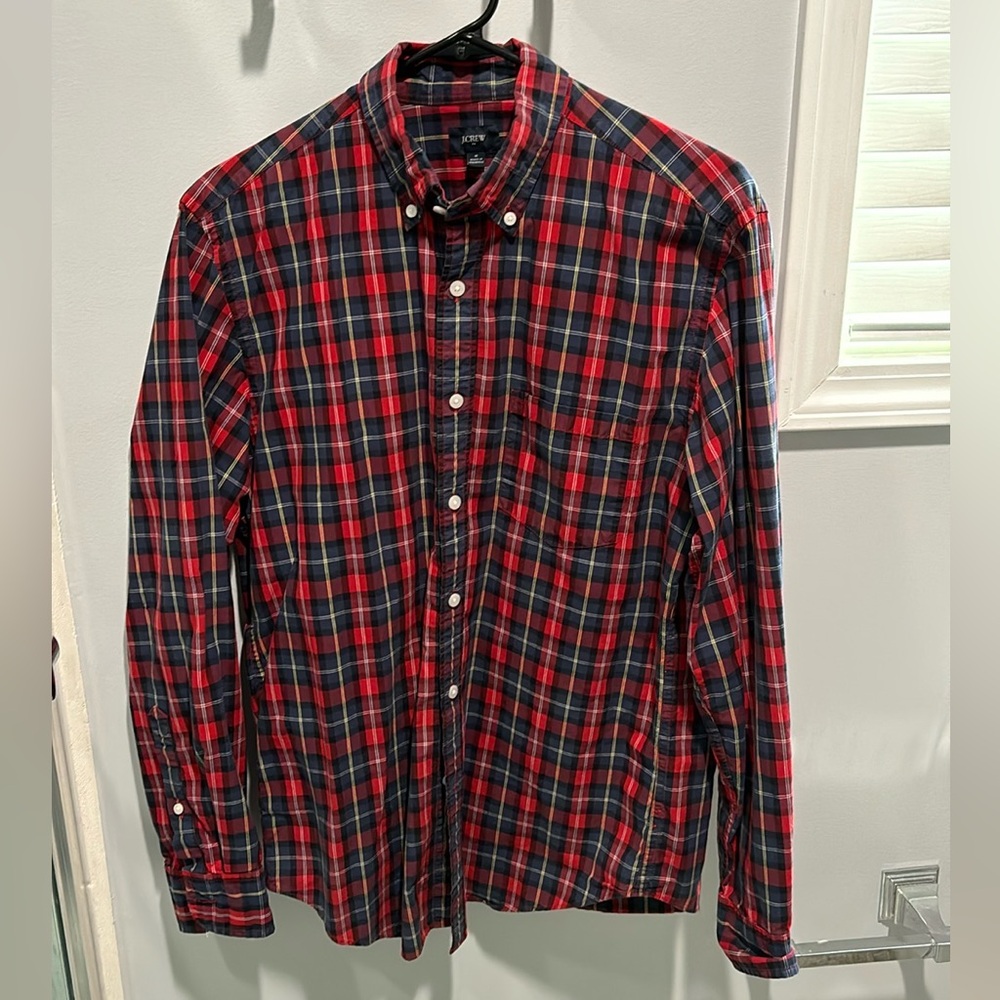 Long-sleeve button down. J. Crew. Medium. Red, blue, white. Business casual.